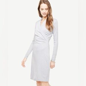 Ann Taylor Faux Wrap Knit Dress Light Grey 2 Long Sleeve Midi Vneck Wool Blend